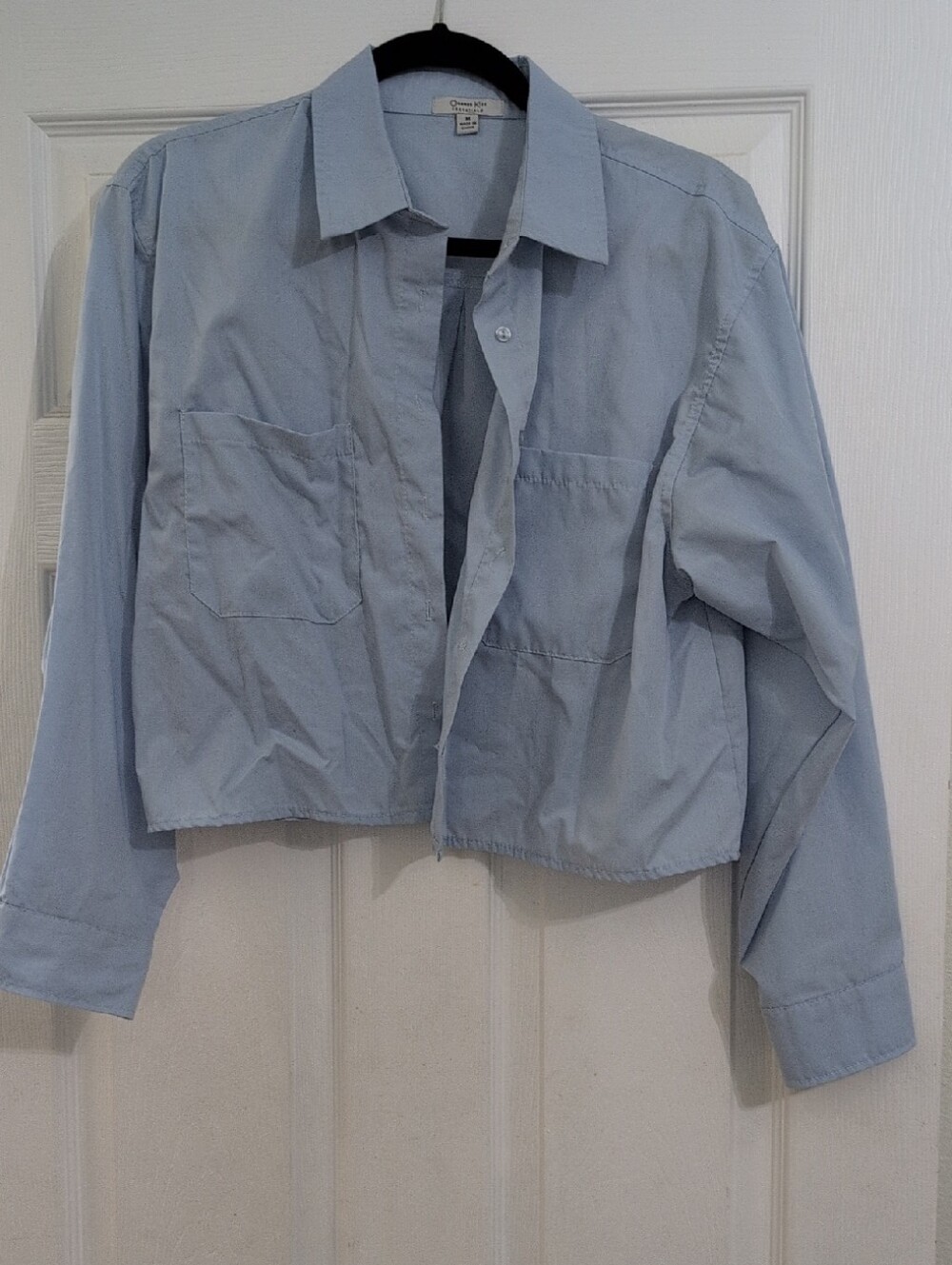 Cropped Light Blue Button-Down Shirt with Patch Pockets by Unknown Brand
